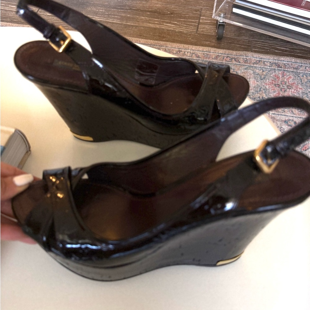 Louis Vuitton Patent Leather Wedge Sandals dark burgundy